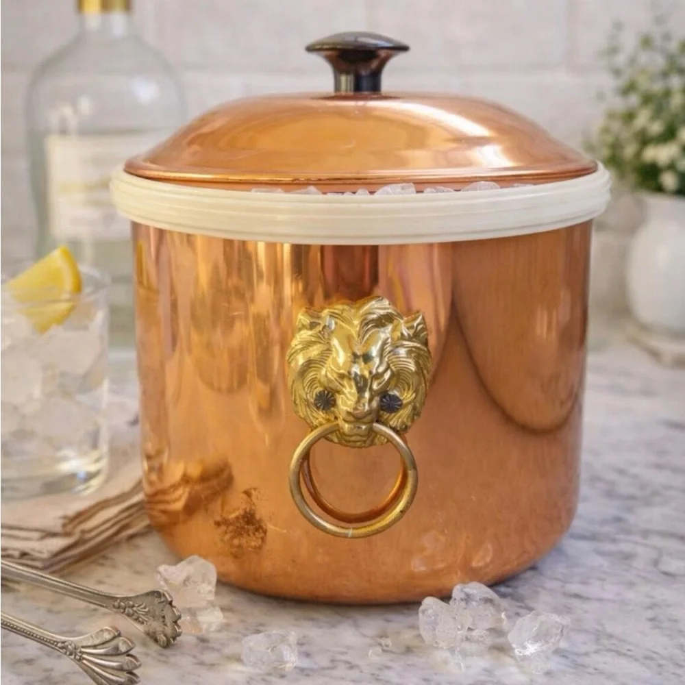vintage Copper Ice Bucket with Gold brass lion head ring handles black knob lid